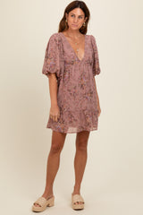 Mauve Deep V-Neck Tie Back Floral Maternity Mini Dress