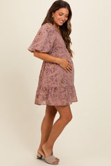 Mauve Deep V-Neck Tie Back Floral Maternity Mini Dress