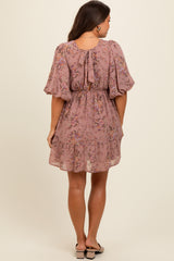 Mauve Deep V-Neck Tie Back Floral Maternity Mini Dress