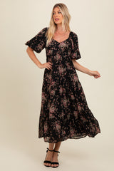 Black Floral Tiered Puff Sleeve Maxi Dress