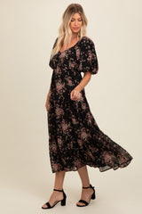 Black Floral Tiered Puff Sleeve Maxi Dress