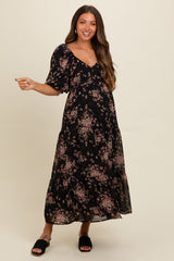 Black Floral Tiered Puff Sleeve Maternity Maxi Dress