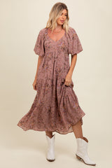 Mauve Floral Tiered Puff Sleeve Maxi Dress