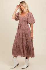 Mauve Floral Tiered Puff Sleeve Maternity Maxi Dress