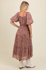 Mauve Floral Tiered Puff Sleeve Maxi Dress