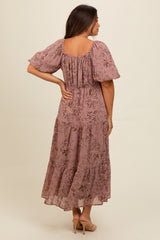 Mauve Floral Tiered Puff Sleeve Maternity Maxi Dress