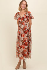 Rust Floral Puff Sleeve Maxi Dress