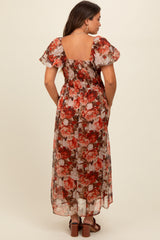 Rust Floral Puff Sleeve Maternity Maxi Dress