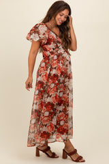 Rust Floral Puff Sleeve Maternity Maxi Dress