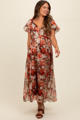 Rust Floral Puff Sleeve Maternity Maxi Dress