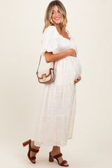 Ivory Smocked Puff Sleeve Maternity Maxi Dress