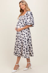 Ivory Satin Floral Smocked Maternity Midi Dress