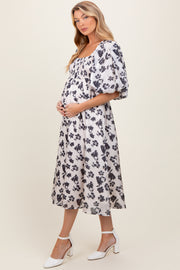 Ivory Satin Floral Smocked Maternity Midi Dress