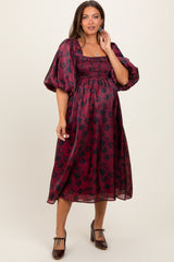 Burgundy Satin Floral Smocked Maternity Midi Dress