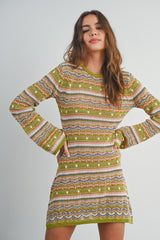 Green Multi Multicolored Crochet Sweater Dress