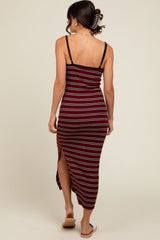 Burgundy Striped Ribbed Side Slit Midi Dress