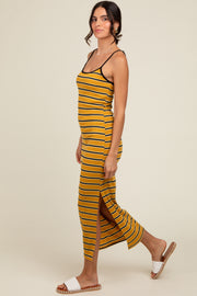 Yellow Striped Ribbed Side Slit Midi Dress