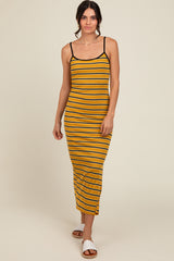 Yellow Striped Ribbed Side Slit Midi Dress