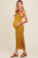 Yellow Striped Ribbed Side Slit Maternity Midi Dress