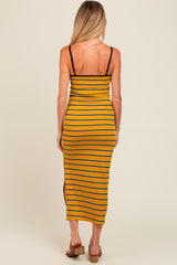 Yellow Striped Ribbed Side Slit Maternity Midi Dress