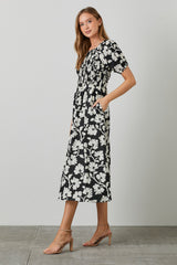 Black Floral Smocked Midi Dress