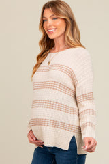 Beige Striped Waffle Knit Maternity Sweater