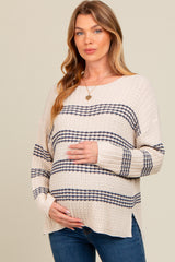 Navy Blue Striped Waffle Knit Maternity Sweater