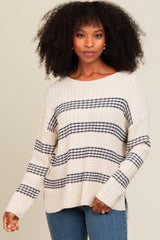 Navy Blue Striped Waffle Knit Sweater