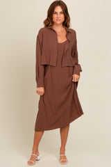 Mocha Linen Cropped Shirt Midi Dress Maternity Set