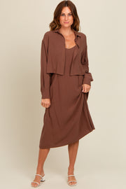 Mocha Linen Cropped Shirt Midi Dress Set