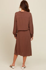 Mocha Linen Cropped Shirt Midi Dress Set