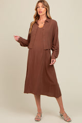 Mocha Linen Cropped Shirt Midi Dress Maternity Set