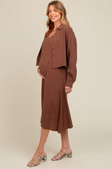 Mocha Linen Cropped Shirt Midi Dress Maternity Set