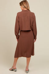 Mocha Linen Cropped Shirt Midi Dress Maternity Set