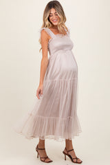 Beige Mesh Overlay Smocked Maternity Midi Dress