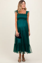 Green Mesh Overlay Smocked Maternity Midi Dress