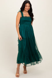 Green Mesh Overlay Smocked Midi Dress