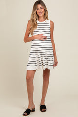 Ivory Striped Knit Pleated Maternity A-Line Mini Dress