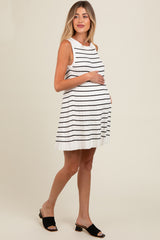 Ivory Striped Knit Pleated Maternity A-Line Mini Dress