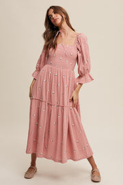 Deep Rose Ditzy Floral Embroidery Puff Sleeve Maxi Dress