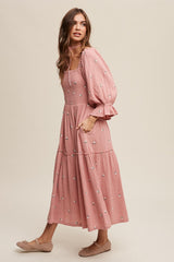 Deep Rose Ditzy Floral Embroidery Puff Sleeve Maxi Dress