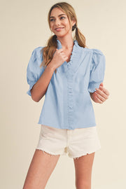 Powder Blue Smocked Ruffle Trim Puff Sleeve Top