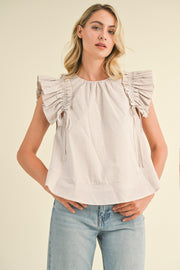 Taupe Drawstring Flutter Sleeve Babydoll Top