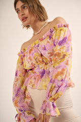 Lavender Floral Off-Shoulder Neck Chiffon Blouse