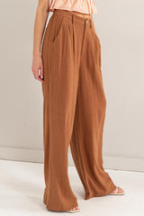 Brown Linen Blend Pleated Wide Leg Pants