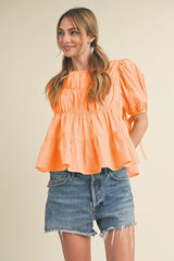 Peach Fuzz Tiered Shirring Puff Sleeve Top