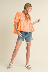 Peach Fuzz Tiered Shirring Puff Sleeve Top