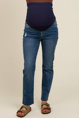 Navy Blue Straight Raw Cut Maternity Jeans