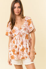 Apricot Floral Print V-Wire Flutter Short Sleeve Babydoll Blouse