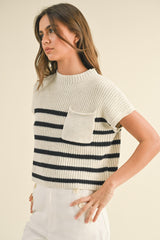 White Charcoal Half Mock Neck Striped Knit Top